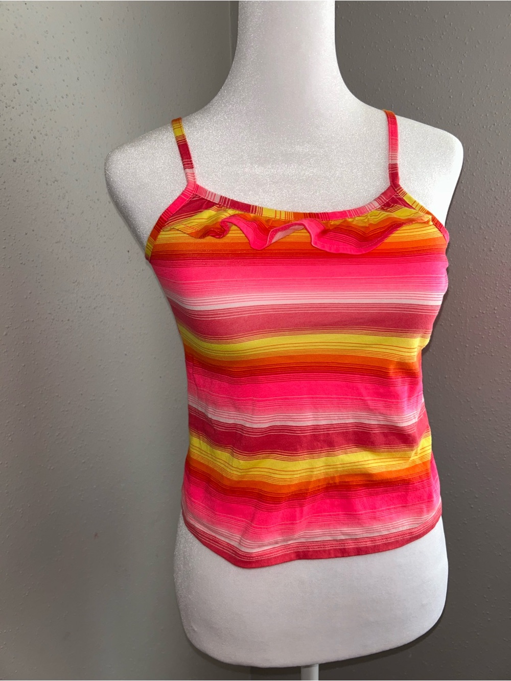 Striped Pink & Yellow Ruffle Tank Top - Picture 7 of 8